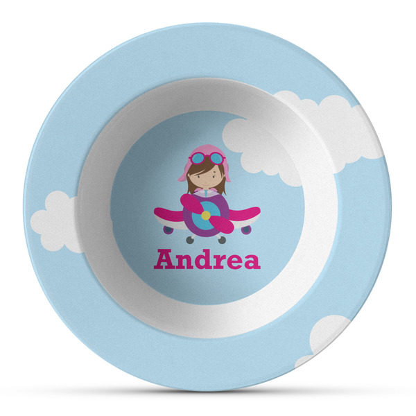 Custom Airplane & Girl Pilot Plastic Bowl - Microwave Safe - Composite Polymer (Personalized)