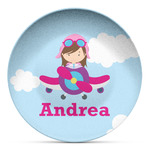 Airplane & Girl Pilot Microwave Safe Plastic Plate - Composite Polymer (Personalized)