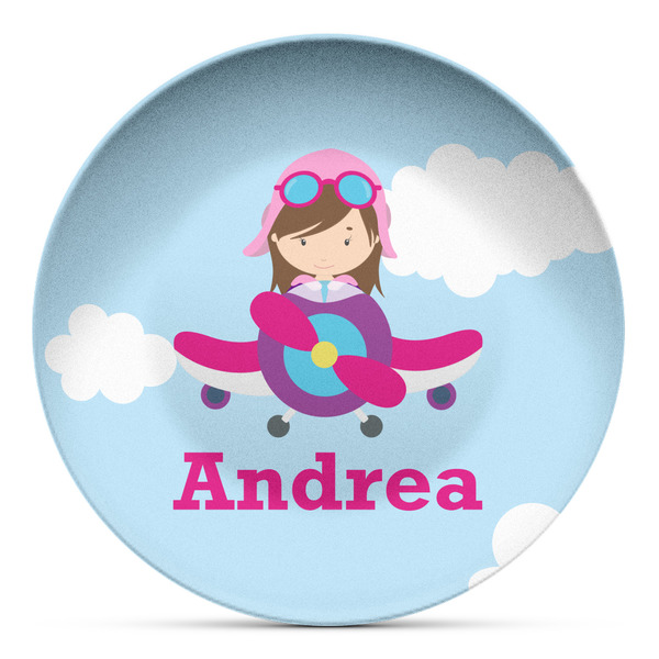 Custom Airplane & Girl Pilot Microwave Safe Plastic Plate - Composite Polymer (Personalized)