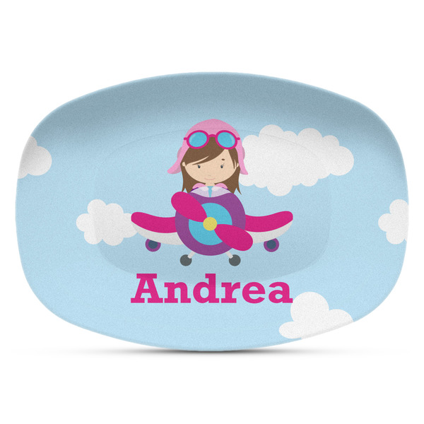 Custom Airplane & Girl Pilot Plastic Platter - Microwave & Oven Safe Composite Polymer (Personalized)