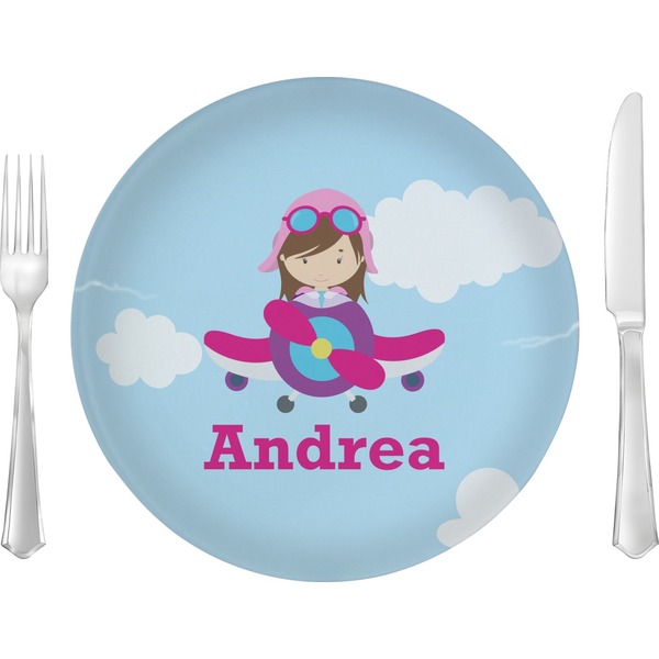 Custom Airplane & Girl Pilot Glass Lunch / Dinner Plate 10" (Personalized)