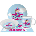 Airplane & Girl Pilot Dinner Set - Single 4 Pc Setting w/ Name or Text
