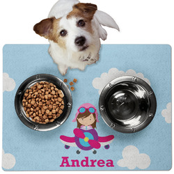 Airplane & Girl Pilot Dog Food Mat - Medium w/ Name or Text