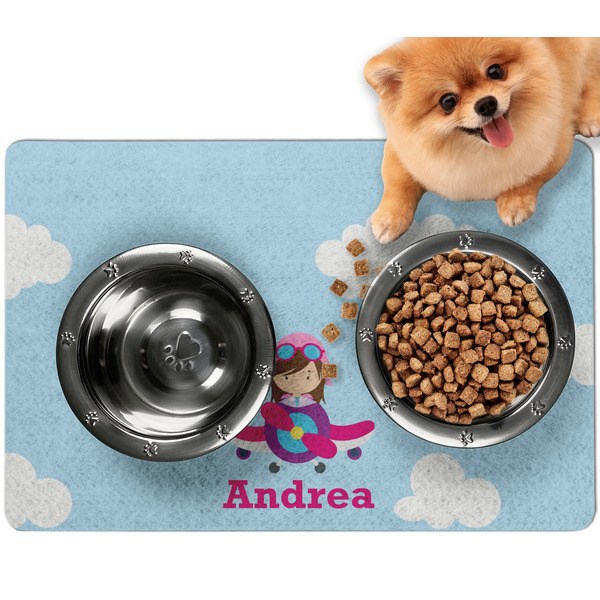 Custom Airplane & Girl Pilot Dog Food Mat - Small w/ Name or Text
