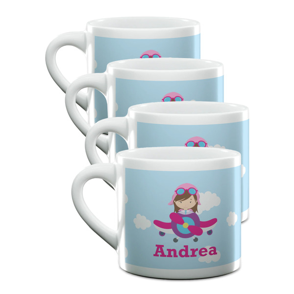 Custom Airplane & Girl Pilot Double Shot Espresso Cups - Set of 4 (Personalized)