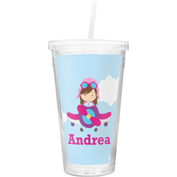 Airplane & Girl Pilot Double Wall Tumbler with Straw (Personalized)