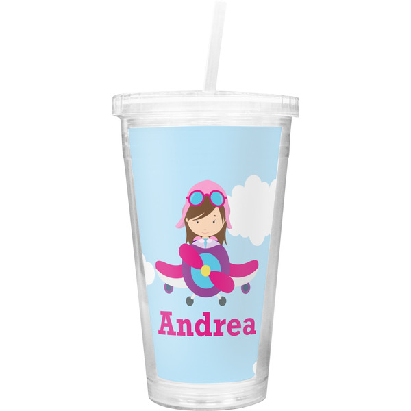 Custom Airplane & Girl Pilot Double Wall Tumbler with Straw (Personalized)