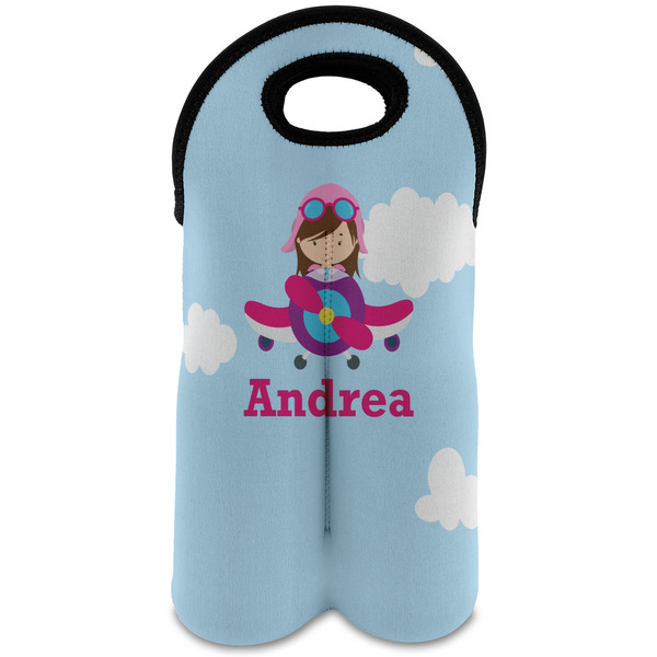 Custom Airplane & Girl Pilot Wine Tote Bag (2 Bottles) (Personalized)