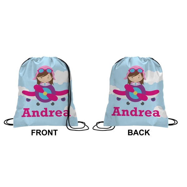 Airplane & Girl Pilot Drawstring Backpack Front & Back Small