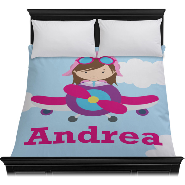 Airplane & Girl Pilot Duvet Cover - Queen - On Bed - No Prop