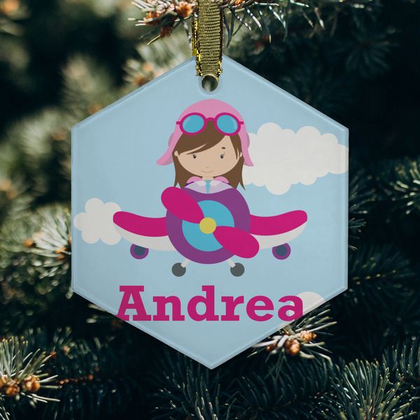 Airplane & Girl Pilot Frosted Glass Ornament - Hexagon (Lifestyle)