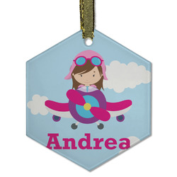 Airplane & Girl Pilot Flat Glass Ornament - Hexagon w/ Name or Text