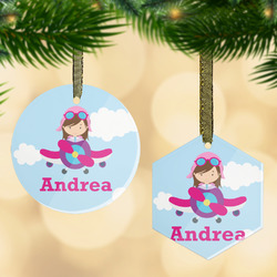 Airplane & Girl Pilot Flat Glass Ornament w/ Name or Text