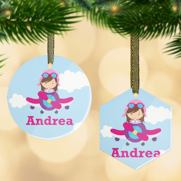 Custom Airplane & Girl Pilot Flat Glass Ornament w/ Name or Text
