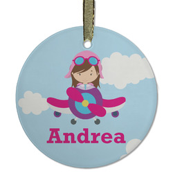 Airplane & Girl Pilot Flat Glass Ornament - Round w/ Name or Text