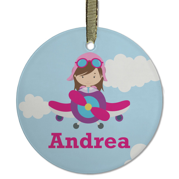 Custom Airplane & Girl Pilot Flat Glass Ornament - Round w/ Name or Text