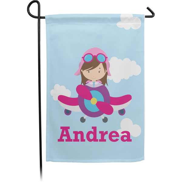 Custom Airplane & Girl Pilot Small Garden Flag - Single Sided w/ Name or Text