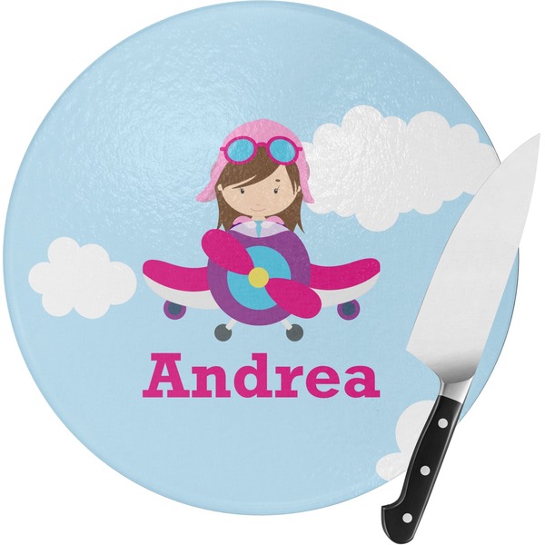 Custom Airplane & Girl Pilot Round Glass Cutting Board - Medium (Personalized)