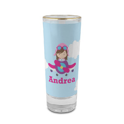 Airplane & Girl Pilot 2 oz Shot Glass -  Glass with Gold Rim - Set of 4 (Personalized)