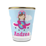 Airplane & Girl Pilot Glass Shot Glass - 1.5 oz - with Gold Rim - Set of 4 (Personalized)