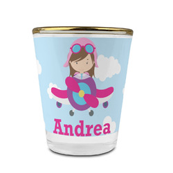 Airplane & Girl Pilot Glass Shot Glass - 1.5 oz - with Gold Rim - Single (Personalized)