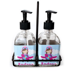 Airplane & Girl Pilot Glass Soap & Lotion Bottle Set (Personalized)