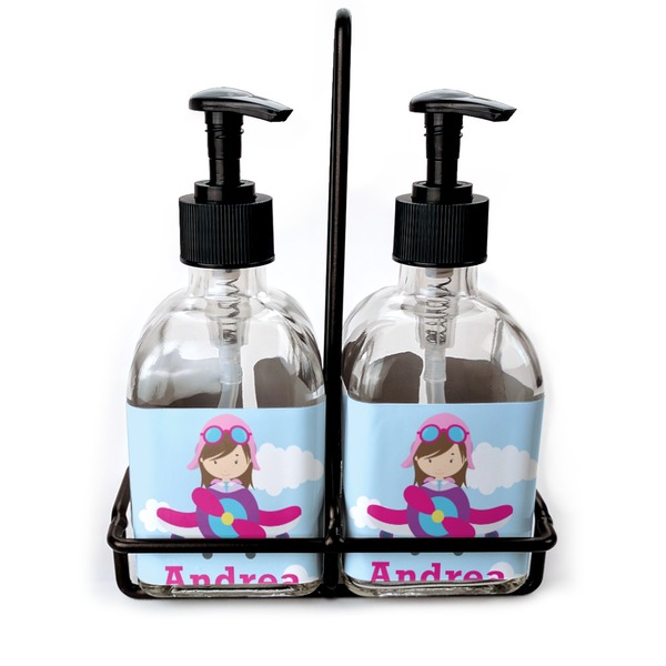 Custom Airplane & Girl Pilot Glass Soap & Lotion Bottle Set (Personalized)