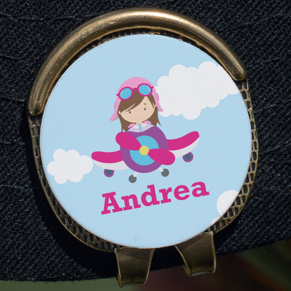 Airplane & Girl Pilot Golf Ball Marker Hat Clip - Gold - Close Up