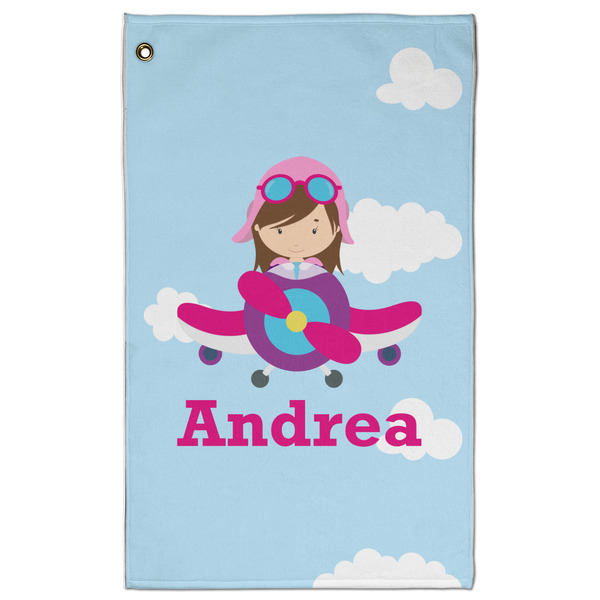 Custom Airplane & Girl Pilot Golf Towel - Poly-Cotton Blend w/ Name or Text