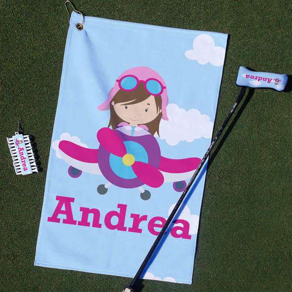 Custom Airplane & Girl Pilot Golf Towel Gift Set (Personalized)