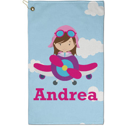 Airplane & Girl Pilot Golf Towel - Poly-Cotton Blend - Small w/ Name or Text