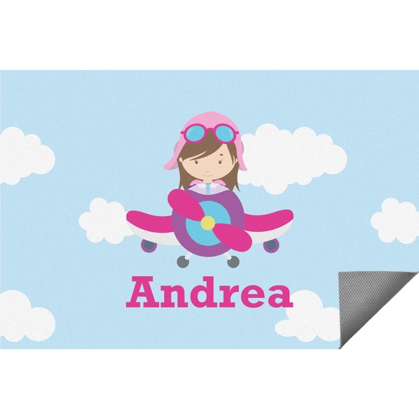 Custom Airplane & Girl Pilot Indoor / Outdoor Rug - 6'x8' w/ Name or Text