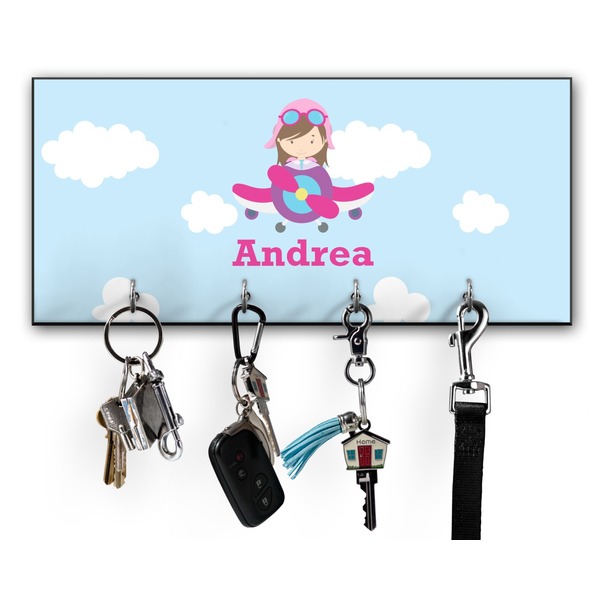Custom Airplane & Girl Pilot Key Hanger w/ 4 Hooks w/ Graphics and Text