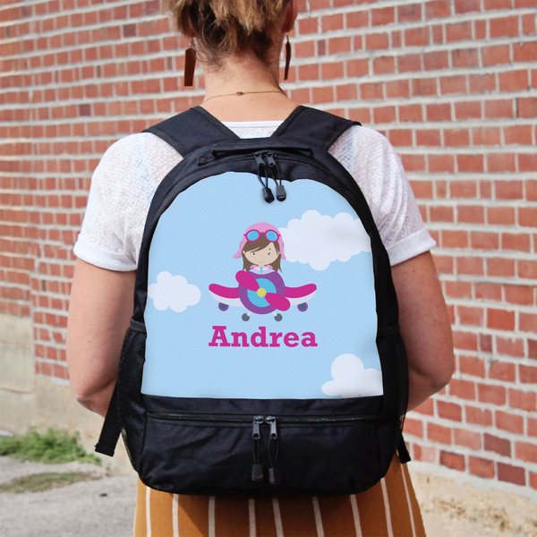 Airplane & Girl Pilot Large Backpack - Black - On Back