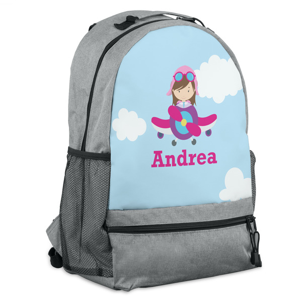 Custom Airplane & Girl Pilot Backpack - Grey (Personalized)