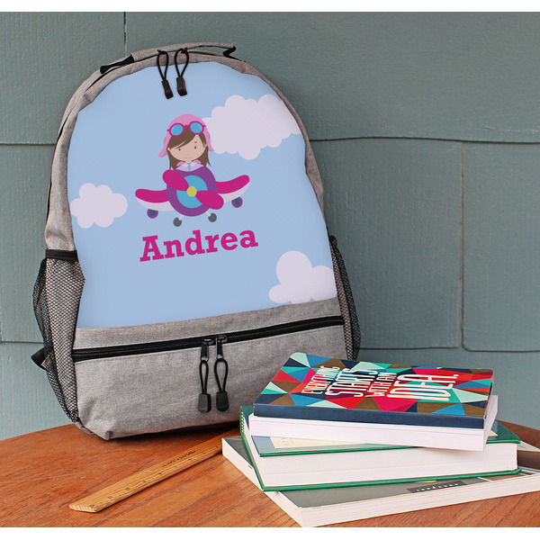 Airplane & Girl Pilot Large Backpack - Gray - On Desk