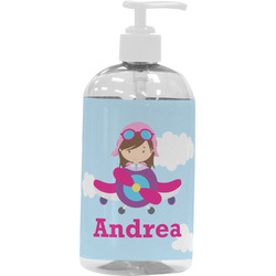 Airplane & Girl Pilot Plastic Soap / Lotion Dispenser (16 oz - Large - White) (Personalized)