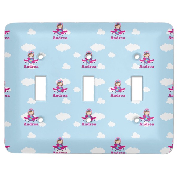 Custom Airplane & Girl Pilot Light Switch Cover (3 Toggle Plate) (Personalized)