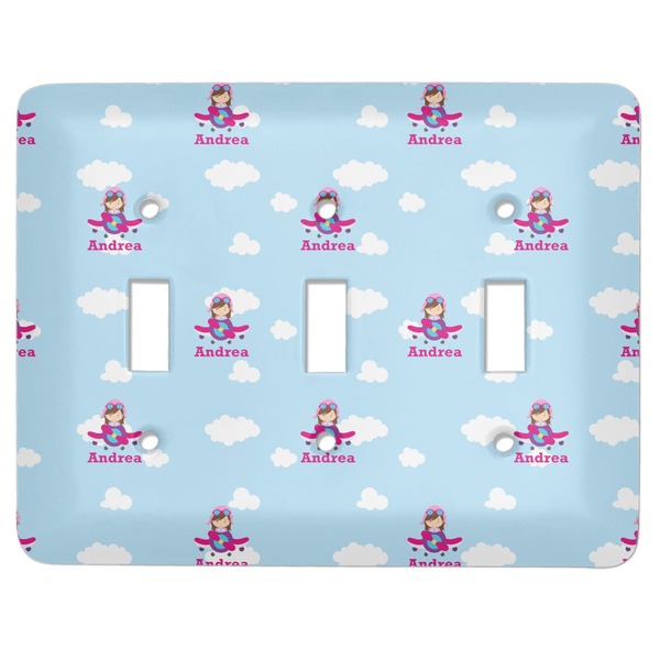 Custom Airplane & Girl Pilot Light Switch Cover (3 Toggle Plate) (Personalized)