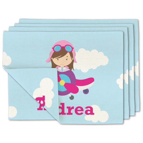Custom Airplane & Girl Pilot Double-Sided Linen Placemat - Set of 4 w/ Name or Text