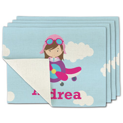Airplane & Girl Pilot Single-Sided Linen Placemat - Set of 4 w/ Name or Text