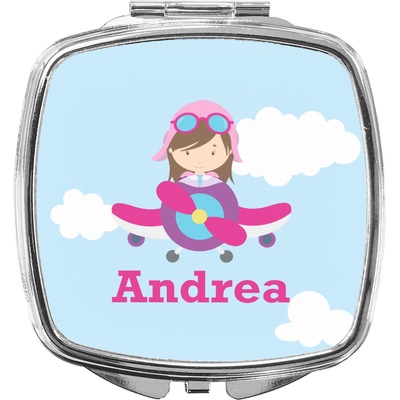 Airplane & Girl Pilot Compact Makeup Mirror (Personalized)