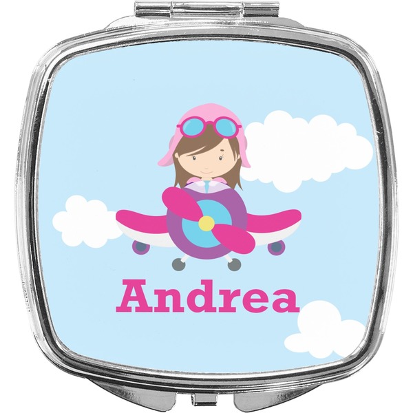 Custom Airplane & Girl Pilot Compact Makeup Mirror (Personalized)