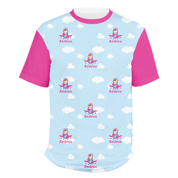 Custom Airplane & Girl Pilot Men's Crew T-Shirt - X Large (Personalized)