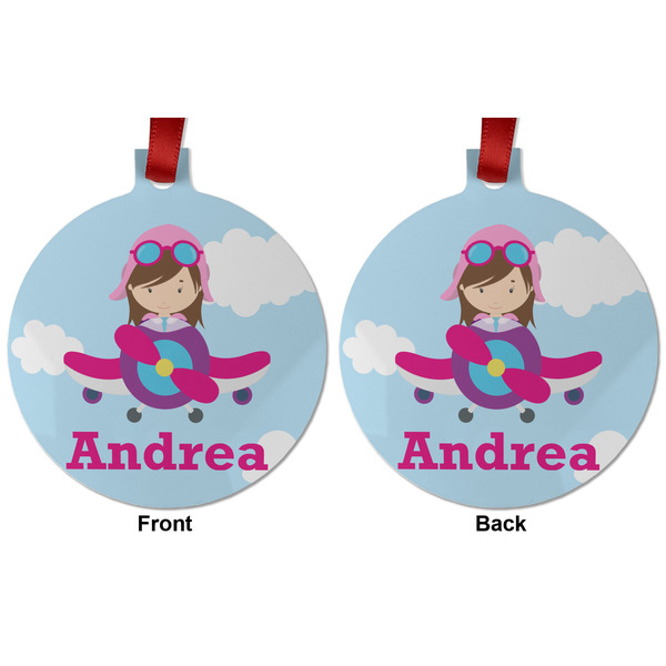 Airplane & Girl Pilot Metal Ball Ornament - Front and Back