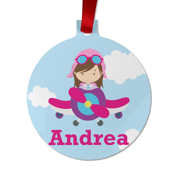 Custom Airplane & Girl Pilot Metal Ball Ornament - Double Sided w/ Name or Text