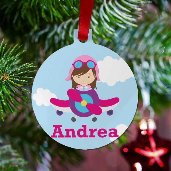 Airplane & Girl Pilot Metal Ball Ornament - Lifestyle
