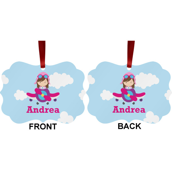 Airplane & Girl Pilot Metal Benilux Ornament - Front and Back (APPROVAL)