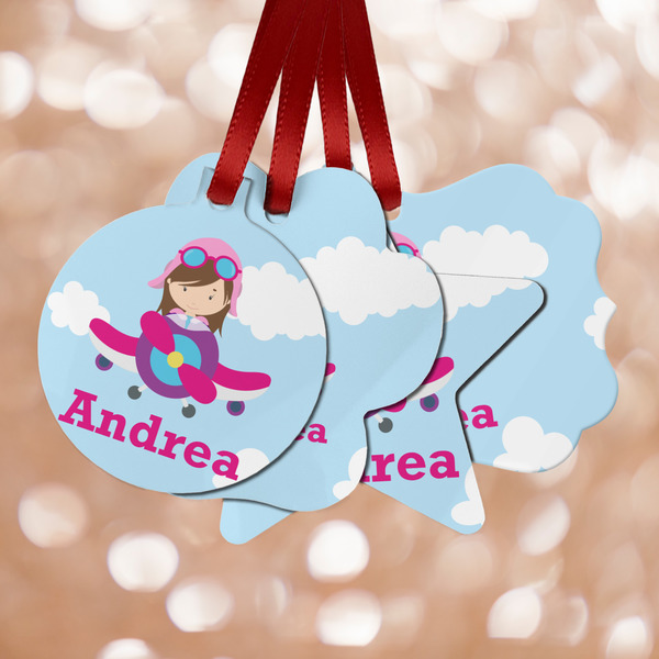 Custom Airplane & Girl Pilot Metal Ornaments - Double Sided w/ Name or Text