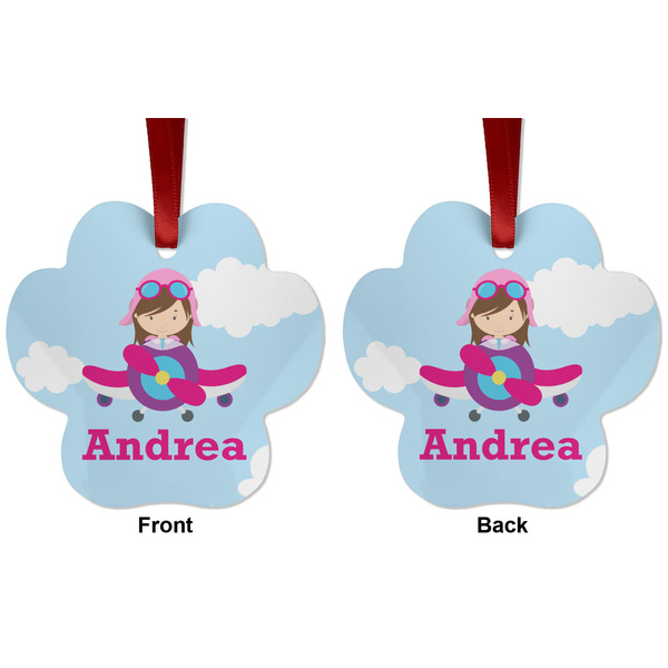 Airplane & Girl Pilot Metal Paw Ornament - Front and Back